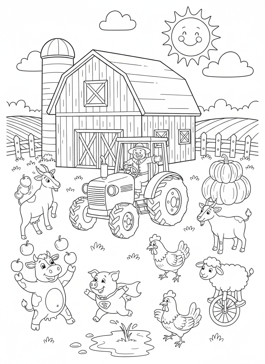 Bauernhof mit lustigen Tieren, Scheune und Traktor