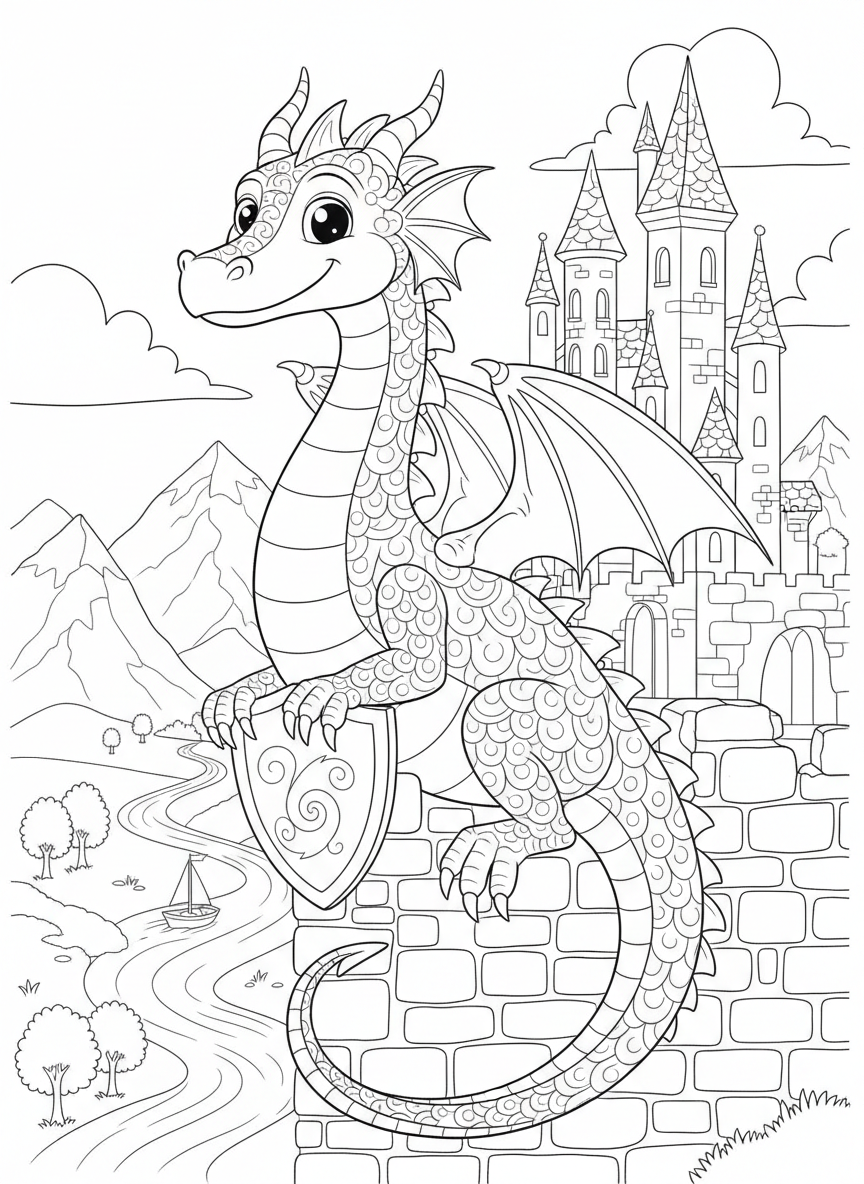 Freundlicher Drache sitzt auf einer Burgmauer