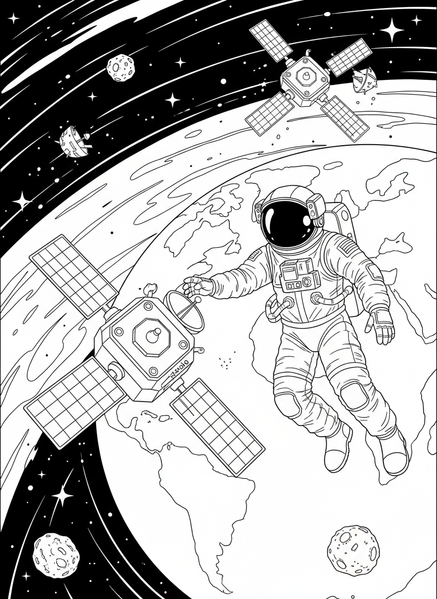 Raumfahrer schwebt im All neben Satelliten