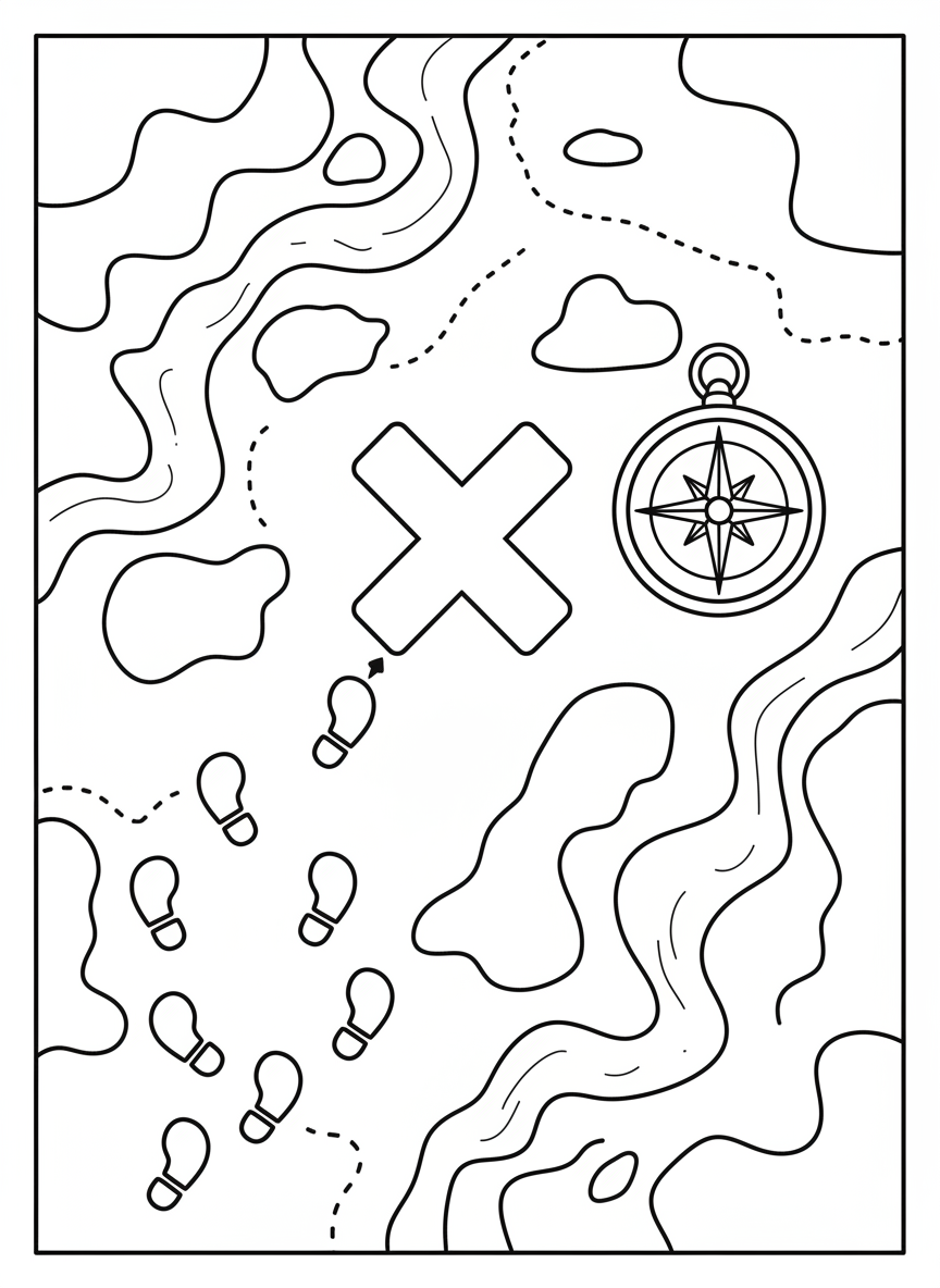 Schatzkarte mit X, Kompass und Fußspuren