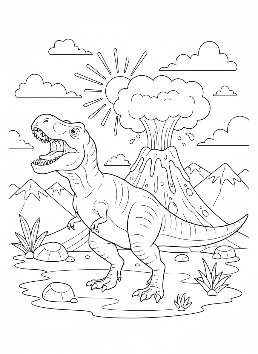 T-Rex brüllt vor einem Vulkan
