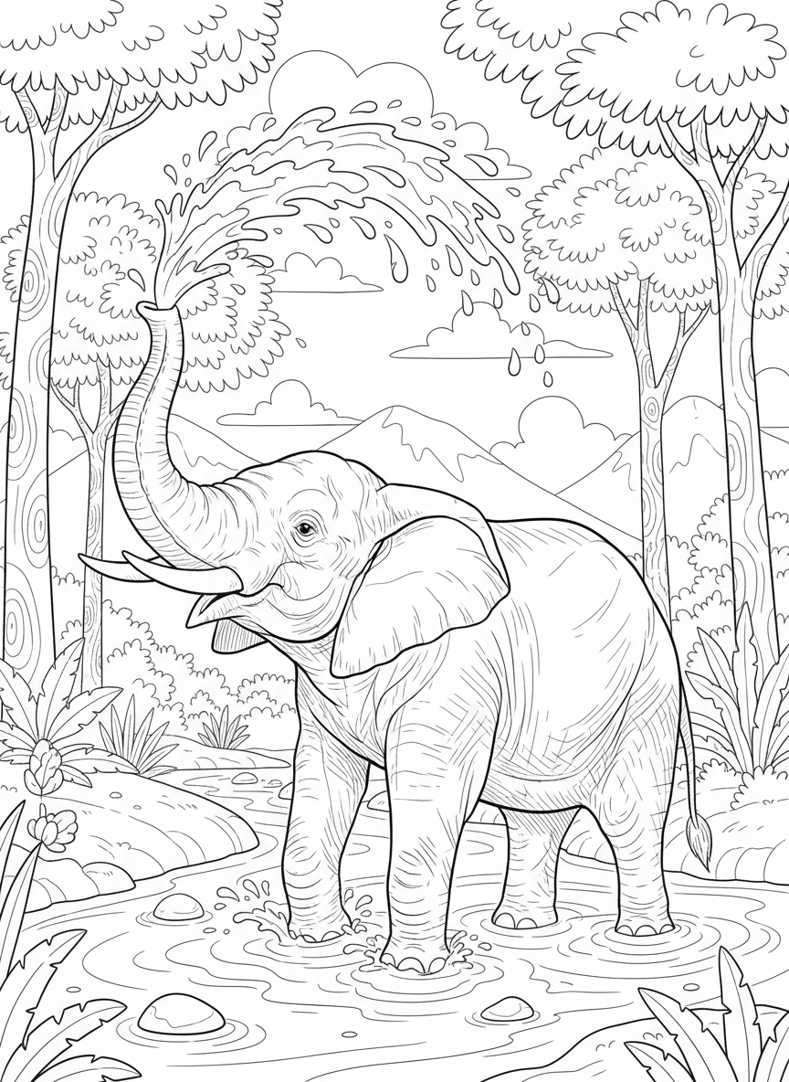 Elefant spritzt Wasser am Fluss