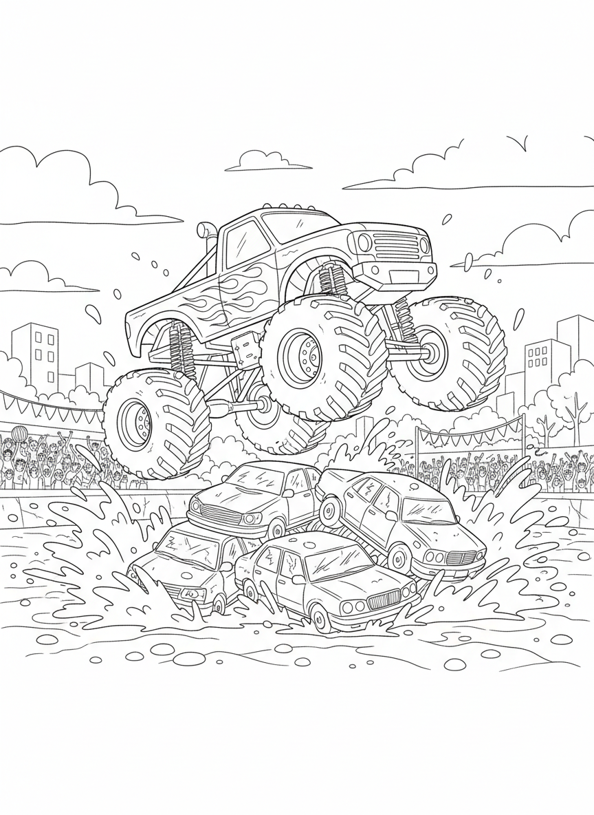 Monstertruck springt über Autos und Matsch