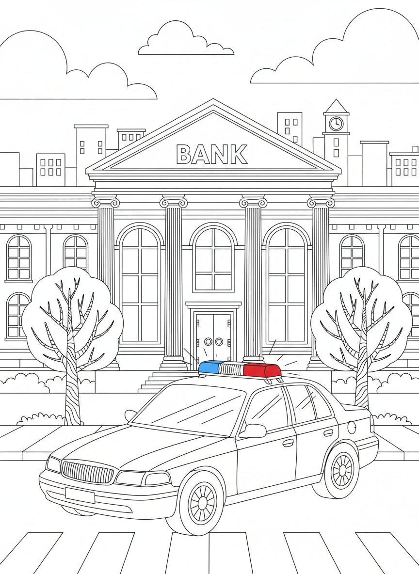 Polizeiauto mit Blaulicht vor einer Bank