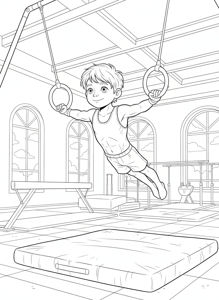 Turner hängt an den Ringen