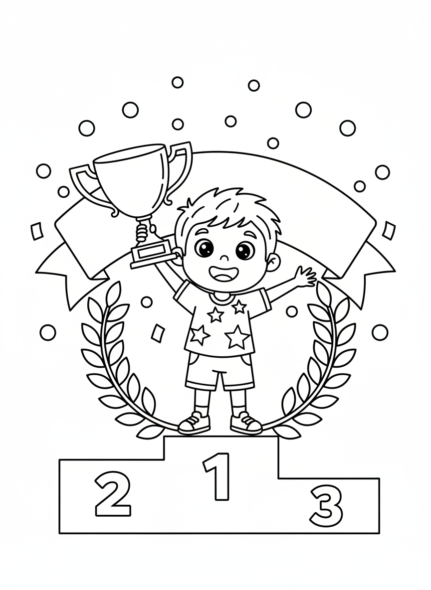 Kind hält einen Pokal auf dem Siegerpodest