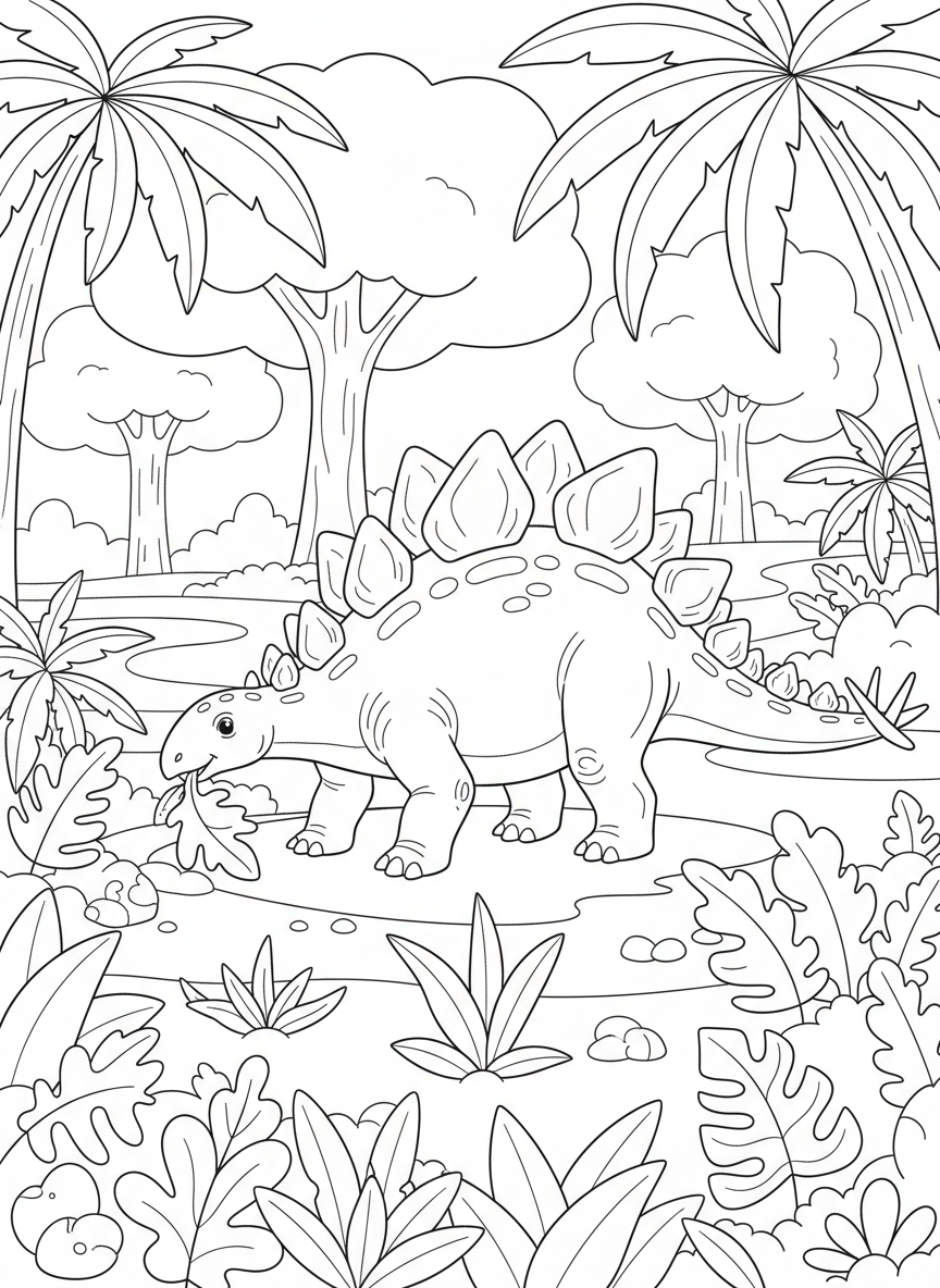 Stegosaurus frisst Blätter im Urwald