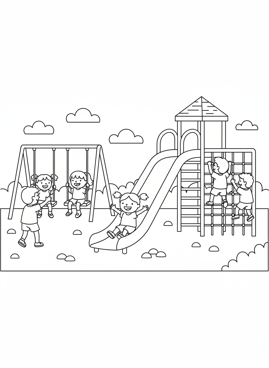 Spielplatz mit Rutsche, Schaukel und kletternden Kindern