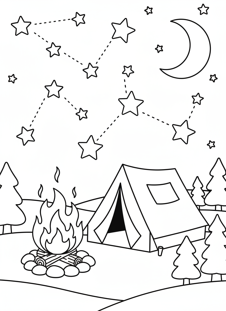 Campingplatz mit Zelt, Lagerfeuer und Sternenhimmel