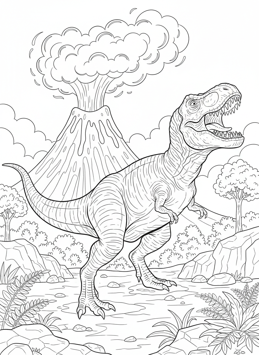 T-Rex brüllt vor einem Vulkan