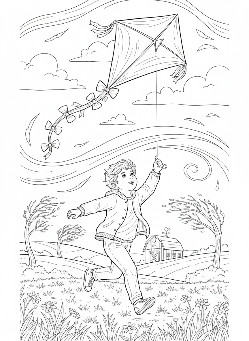 Kind fliegt einen Drachen im Wind