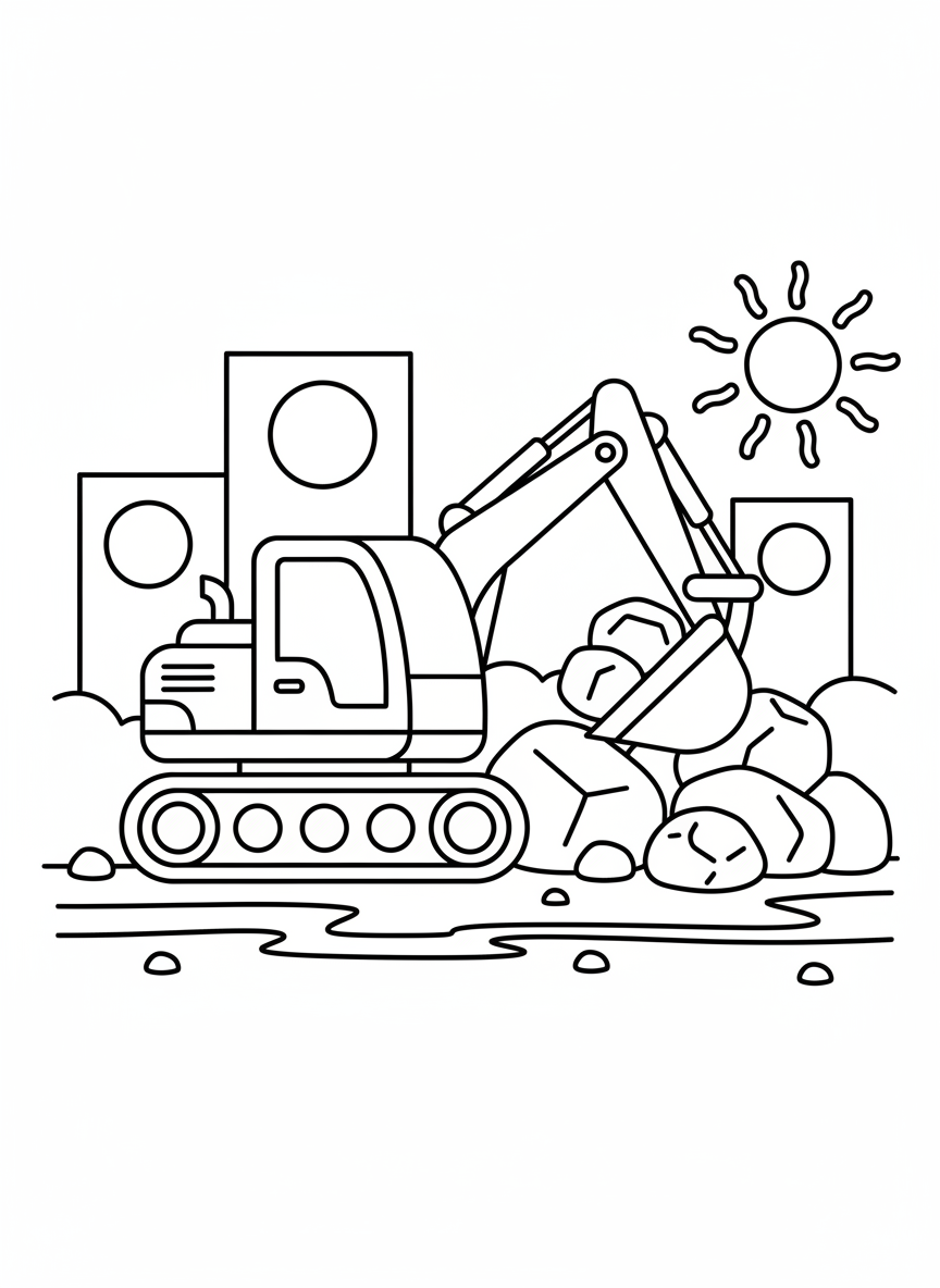 Bagger auf der Baustelle hebt große Steine