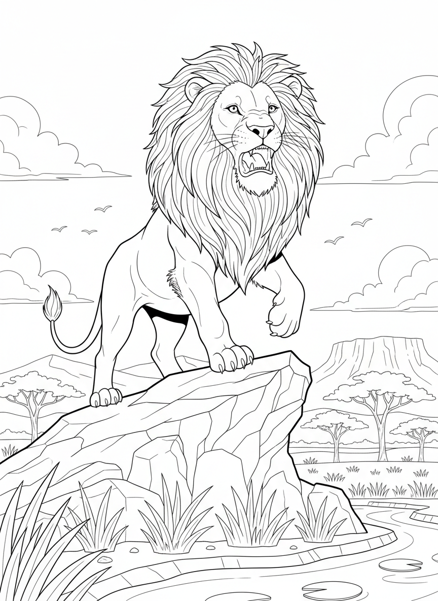 Löwe mit großer Mähne auf einem Felsen