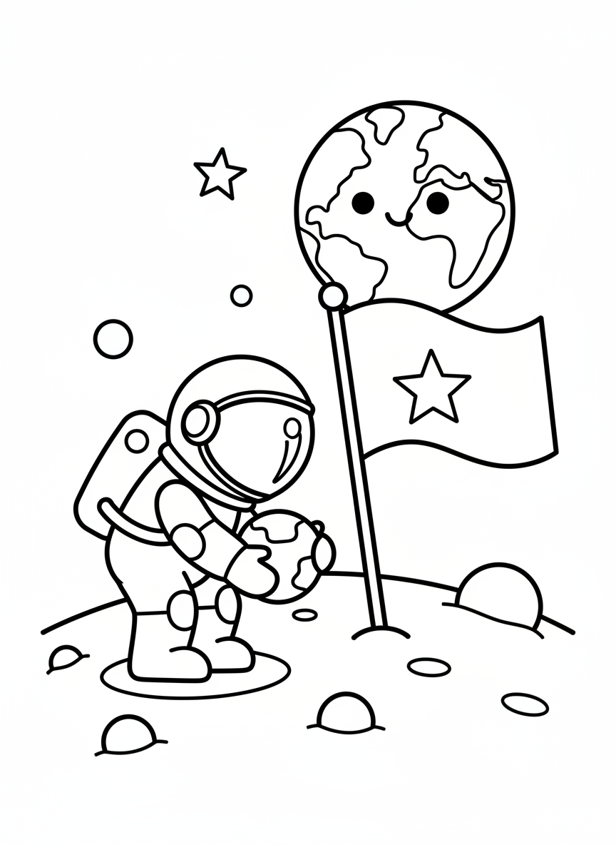 Astronaut sammelt Steine auf dem Mond neben einer Flagge