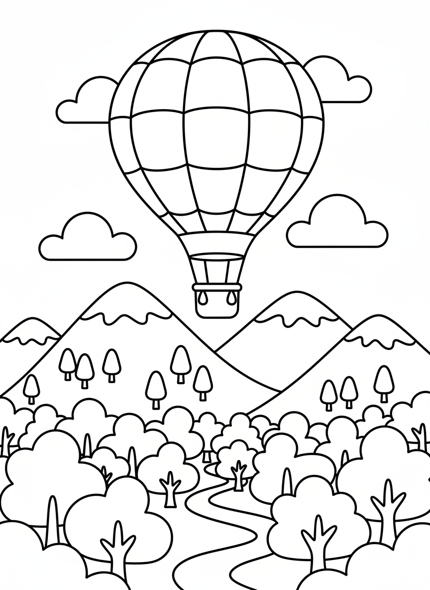 Heißluftballon fliegt über Berge und Wälder