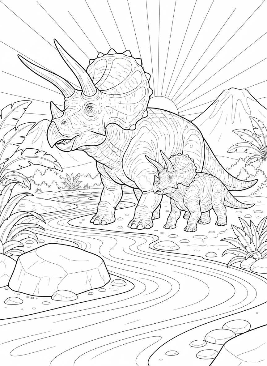 Triceratops mit Jungtier an einem Fluss