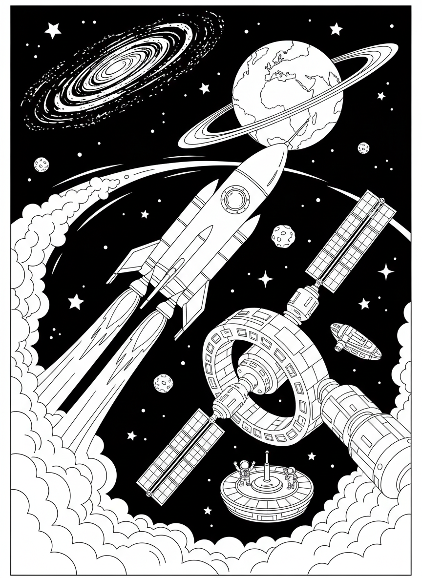 Rakete startet von einer Raumstation ins All