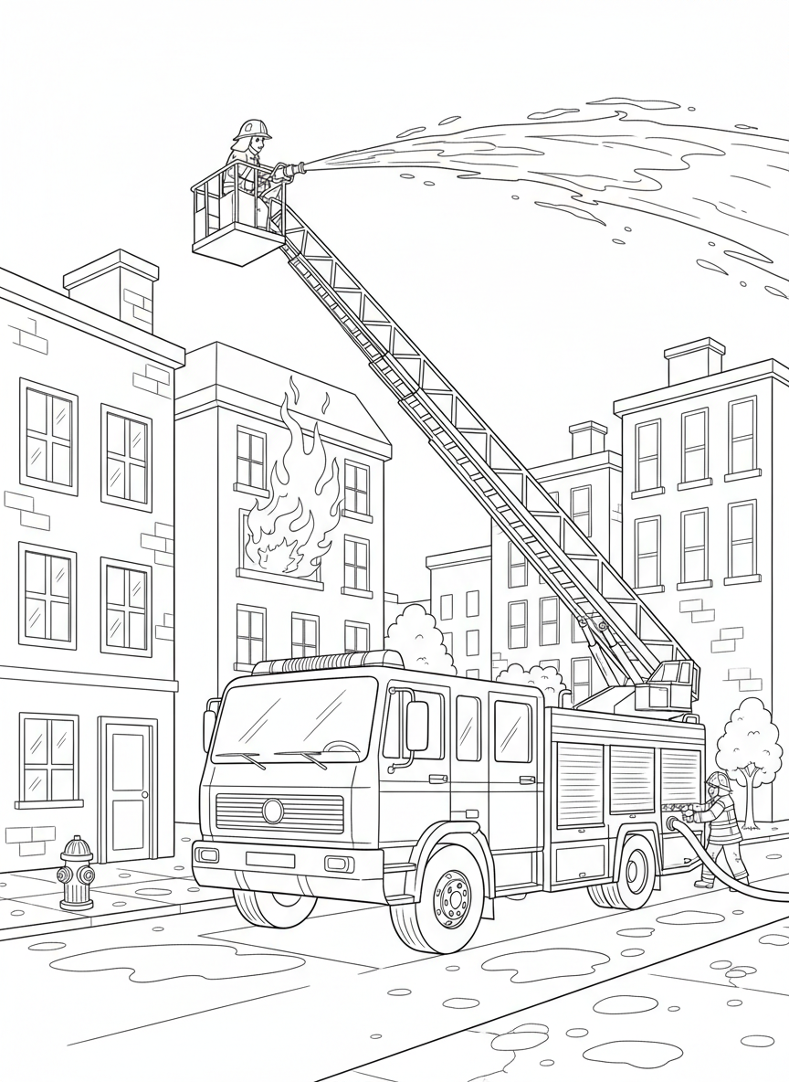 Feuerwehrwagen im Einsatz mit ausgefahrener Leiter und Wasserstrahl