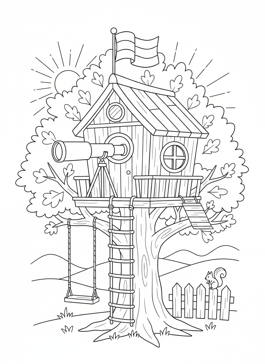 Baumhaus mit Fernrohr und Fahne