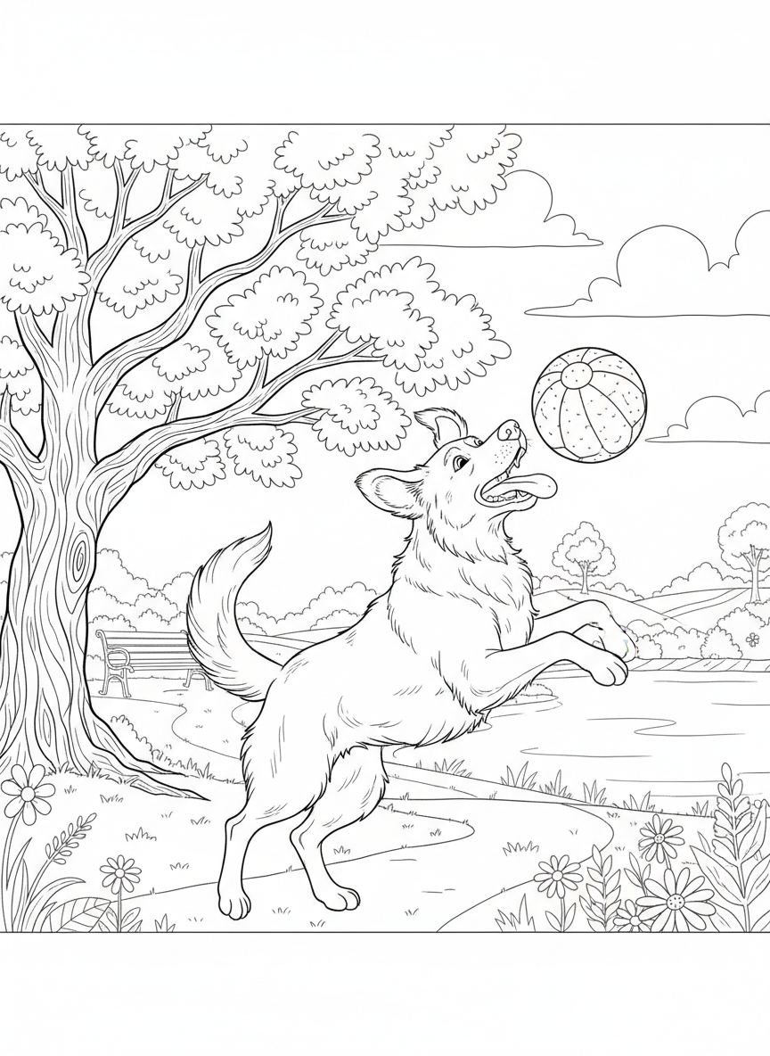 Hund spielt mit einem Ball im Park