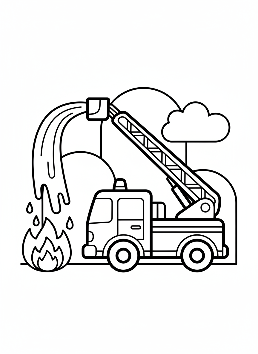 Feuerwehrwagen im Einsatz mit ausgefahrener Leiter und Wasserstrahl