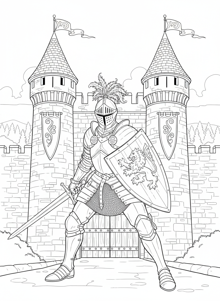 Ritter mit Schild vor einem Burgtor