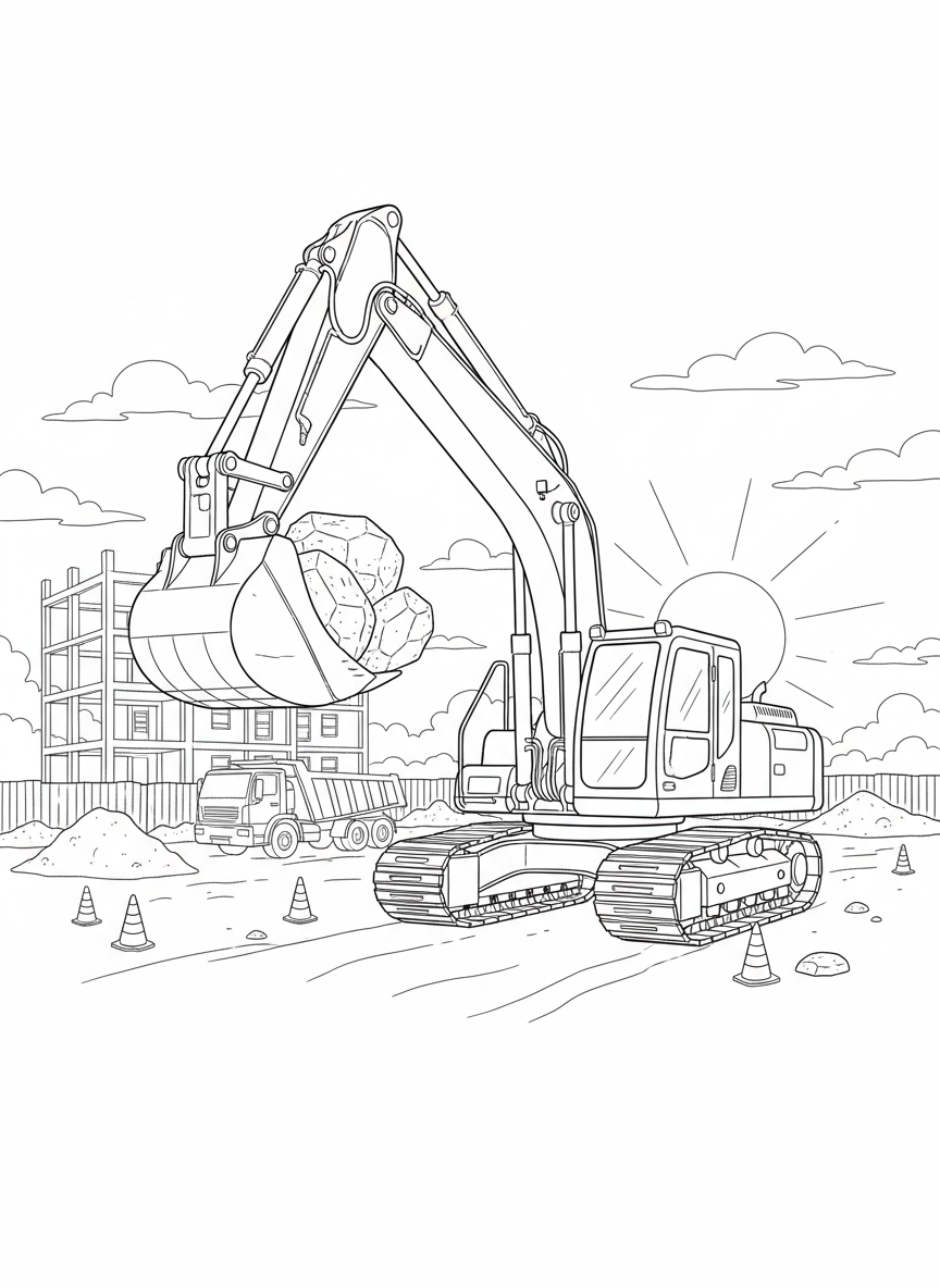 Bagger auf der Baustelle hebt große Steine