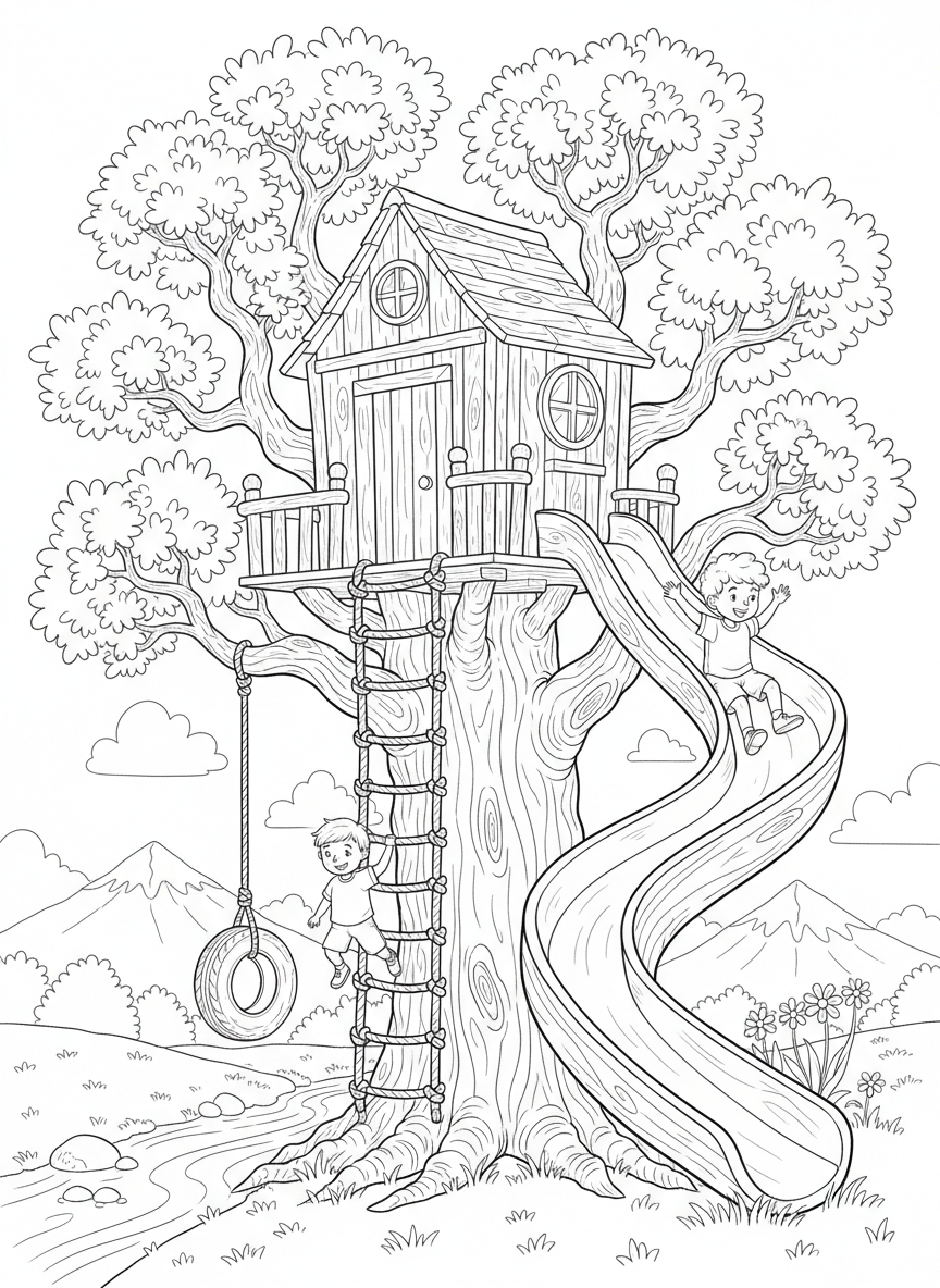 Baumhaus mit Seil und Rutsche