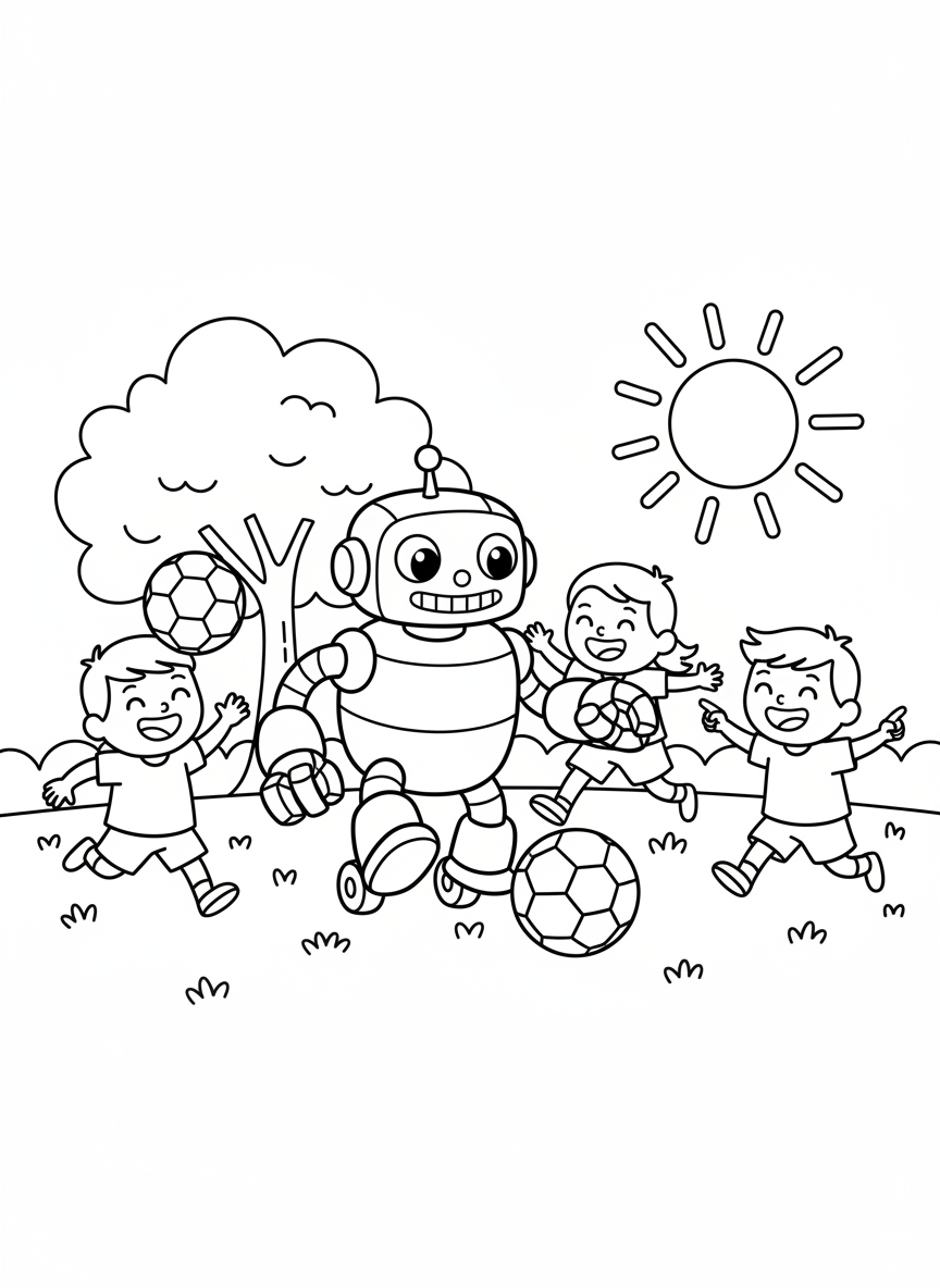 Roboter spielt Fußball mit Kindern