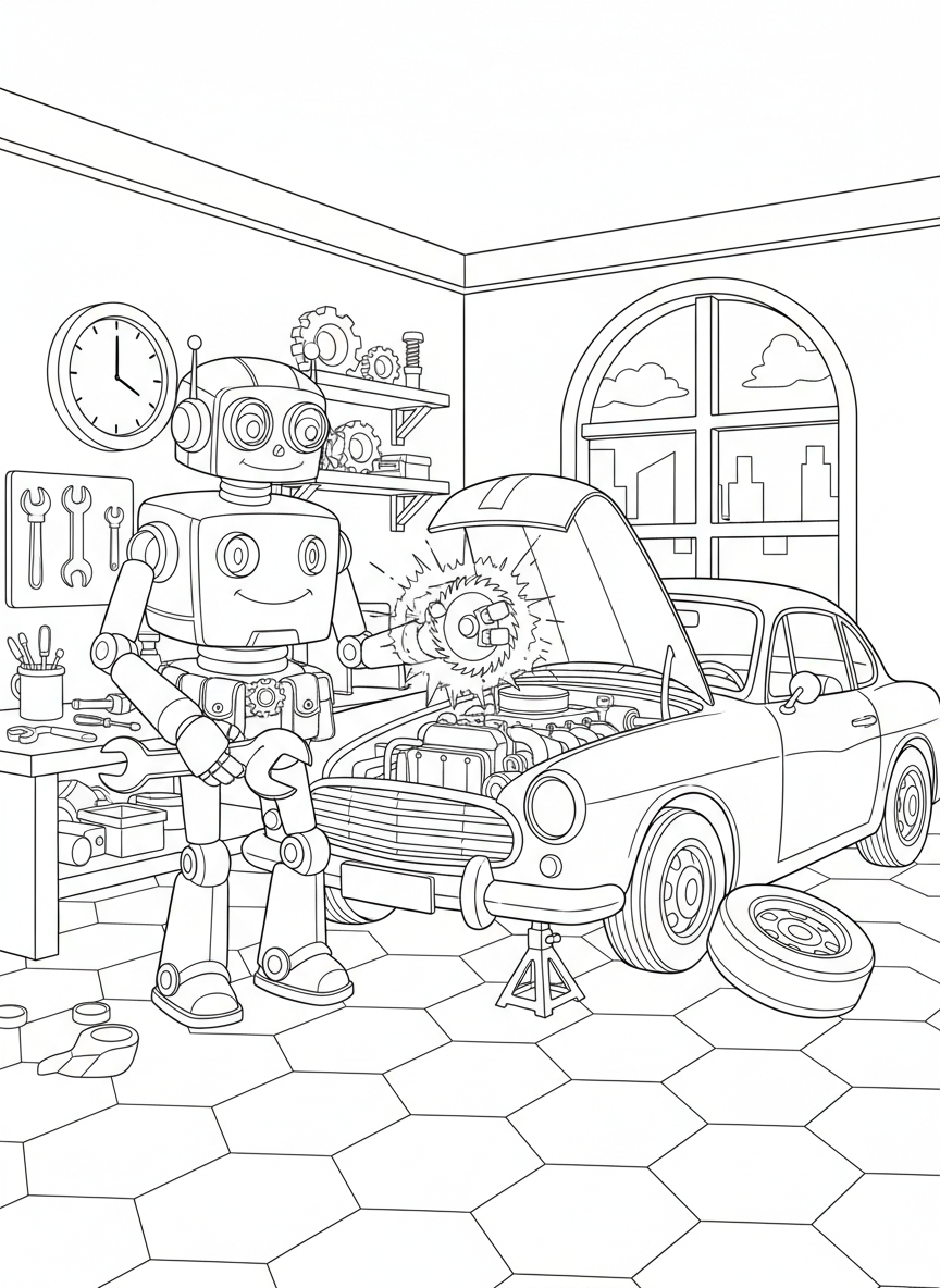 Roboter repariert ein Auto mit Werkzeug