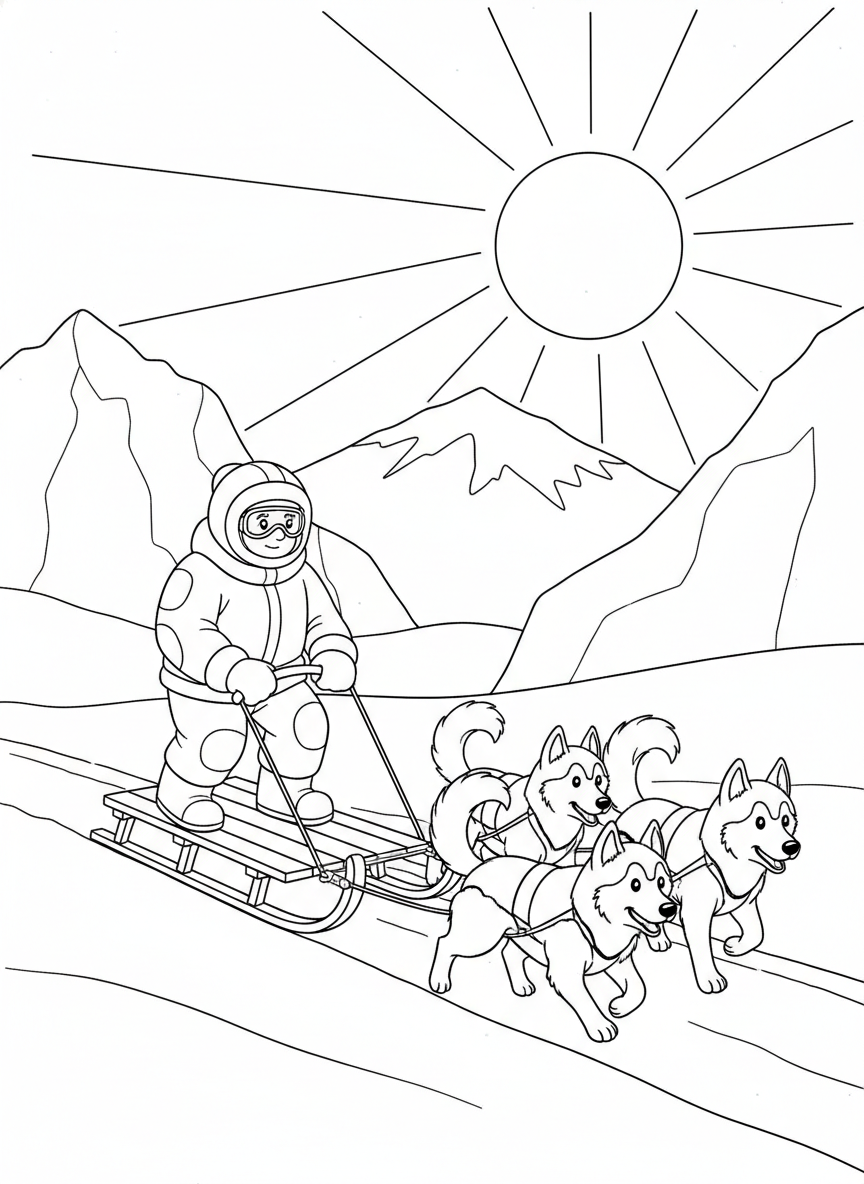 Polarforscher mit Schlitten und Huskys