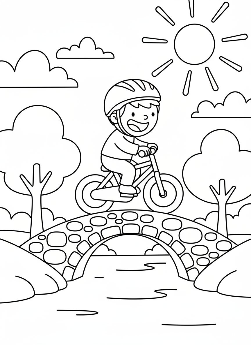 Kind fährt Fahrrad über eine kleine Brücke