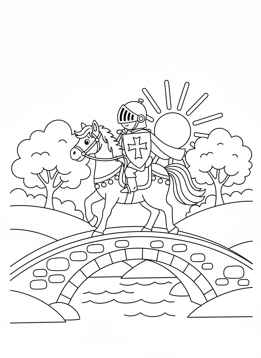 Ritter reitet auf einem Pferd über eine Brücke