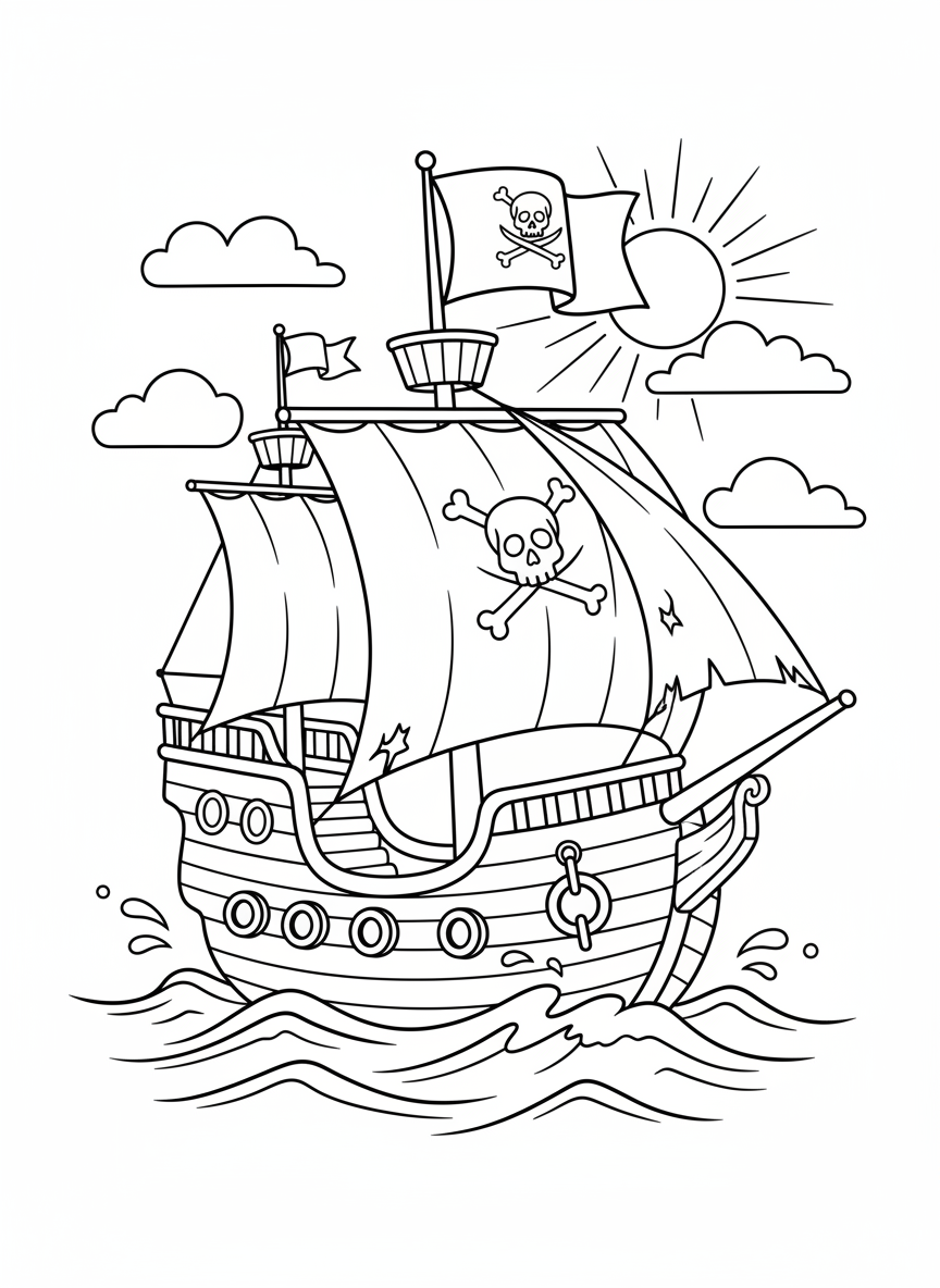 Piratenschiff mit wehender Flagge auf hoher See