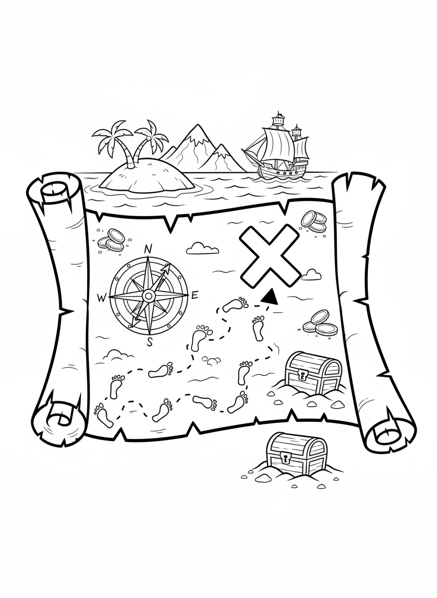 Schatzkarte mit X, Kompass und Fußspuren