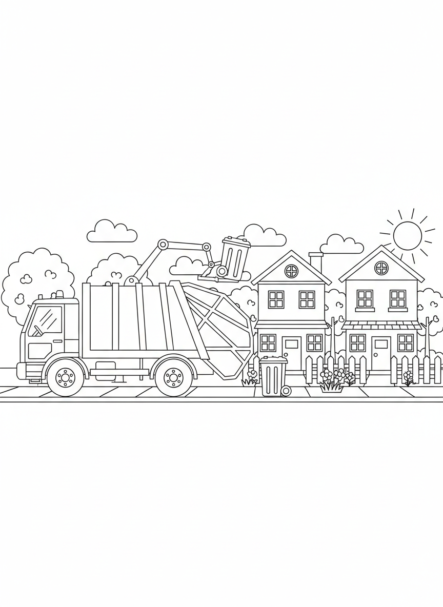 Müllauto leert Tonnen in einer Wohnstraße