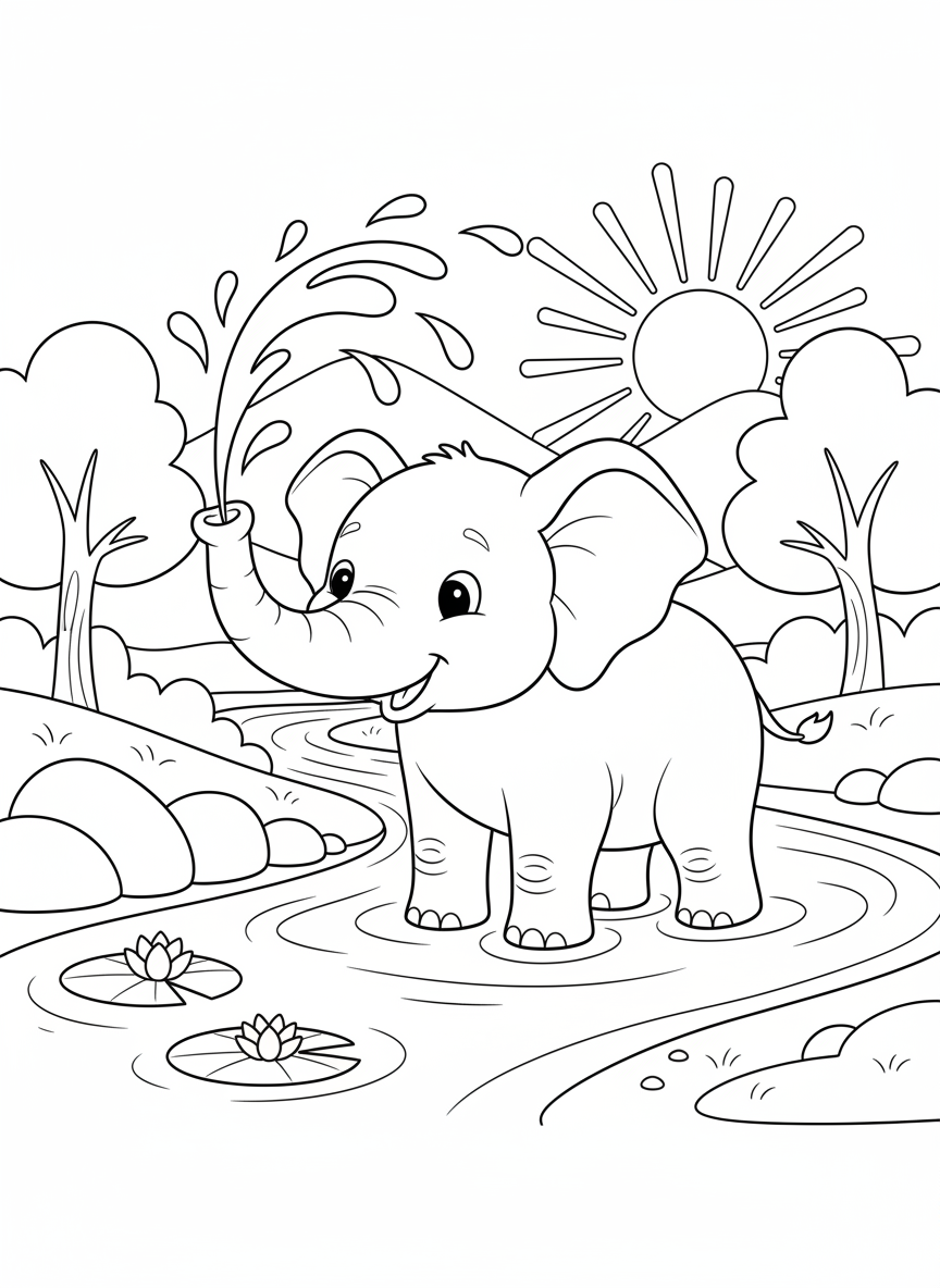 Elefant spritzt Wasser am Fluss