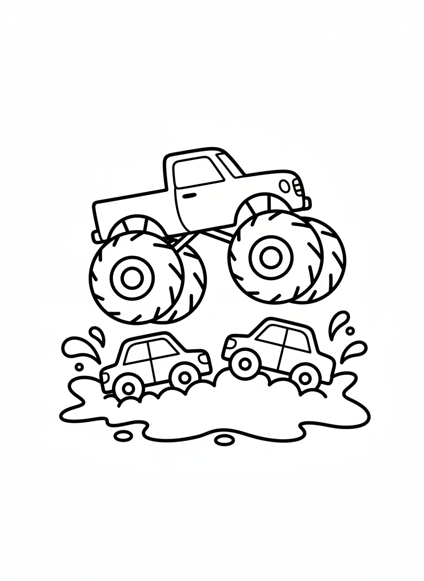 Monstertruck springt über Autos und Matsch