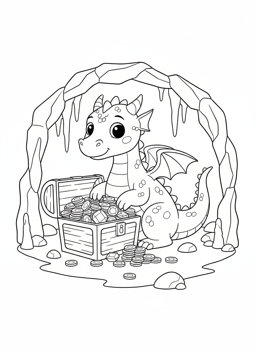 Drache bewacht eine Schatzkiste in der Höhle