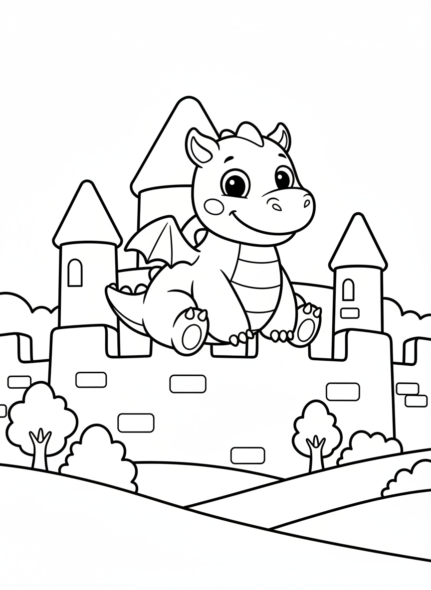 Freundlicher Drache sitzt auf einer Burgmauer