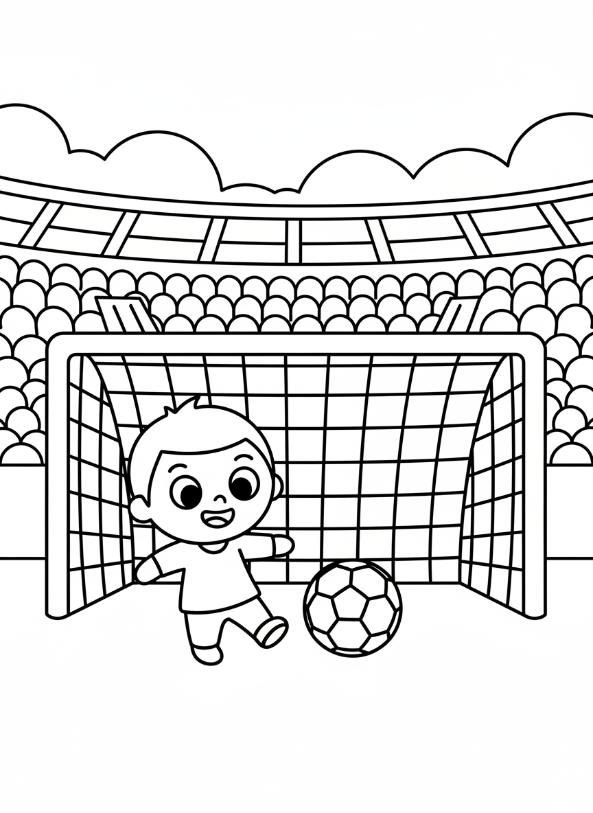 Kind schießt ein Tor im Fußballstadion