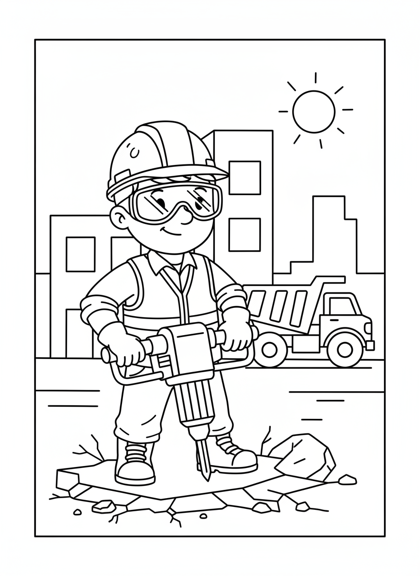 Bauarbeiter mit Helm und Presslufthammer