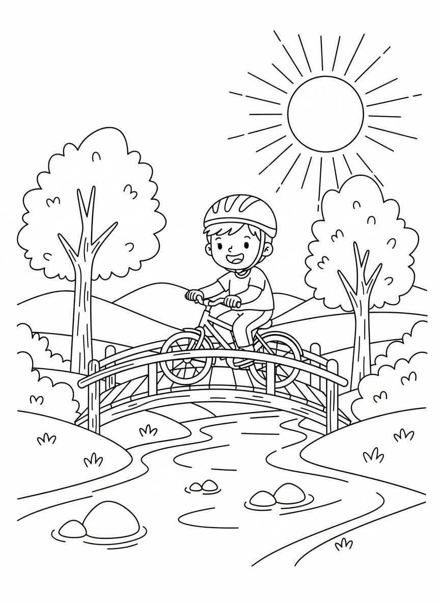 Kind fährt Fahrrad über eine kleine Brücke