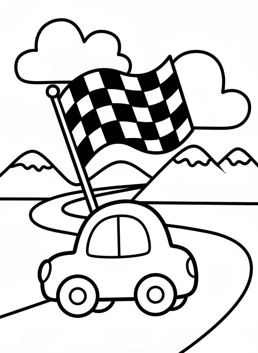 Rennwagen auf einer Strecke mit Zielflagge