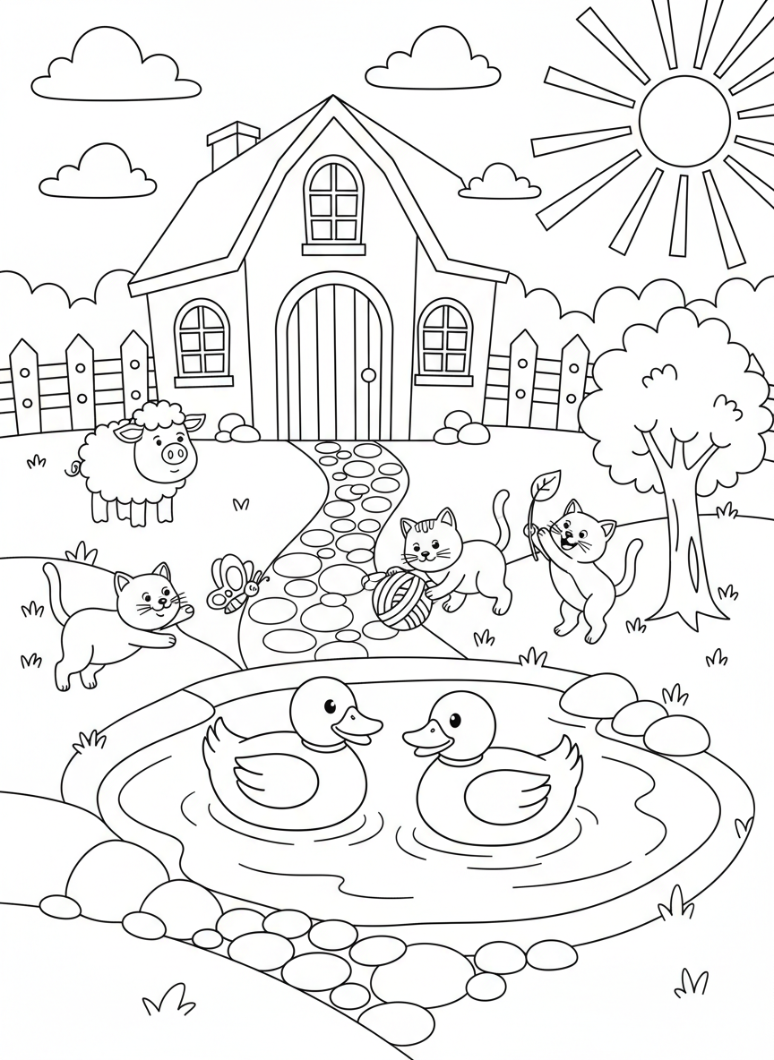 Bauernhof mit Teich, Enten und spielenden Katzen