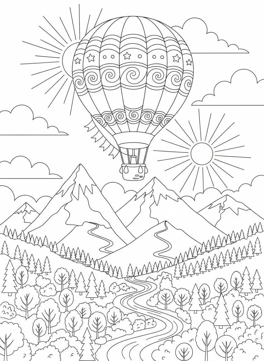 Heißluftballon fliegt über Berge und Wälder