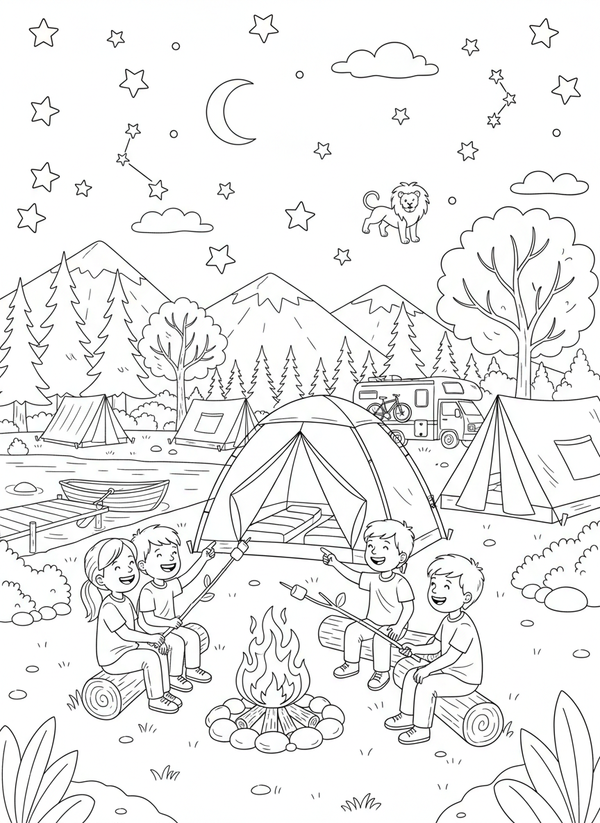 Campingplatz mit Zelt, Lagerfeuer und Sternenhimmel