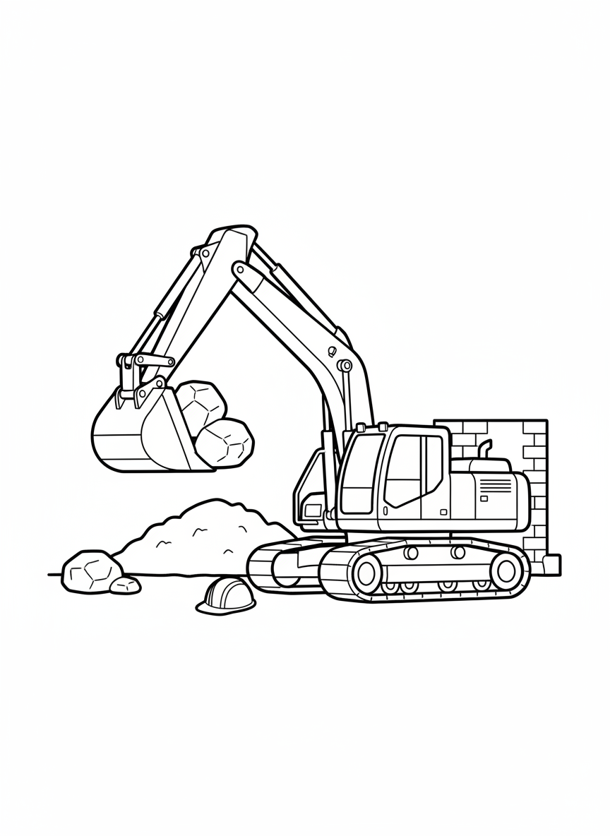 Bagger auf der Baustelle hebt große Steine