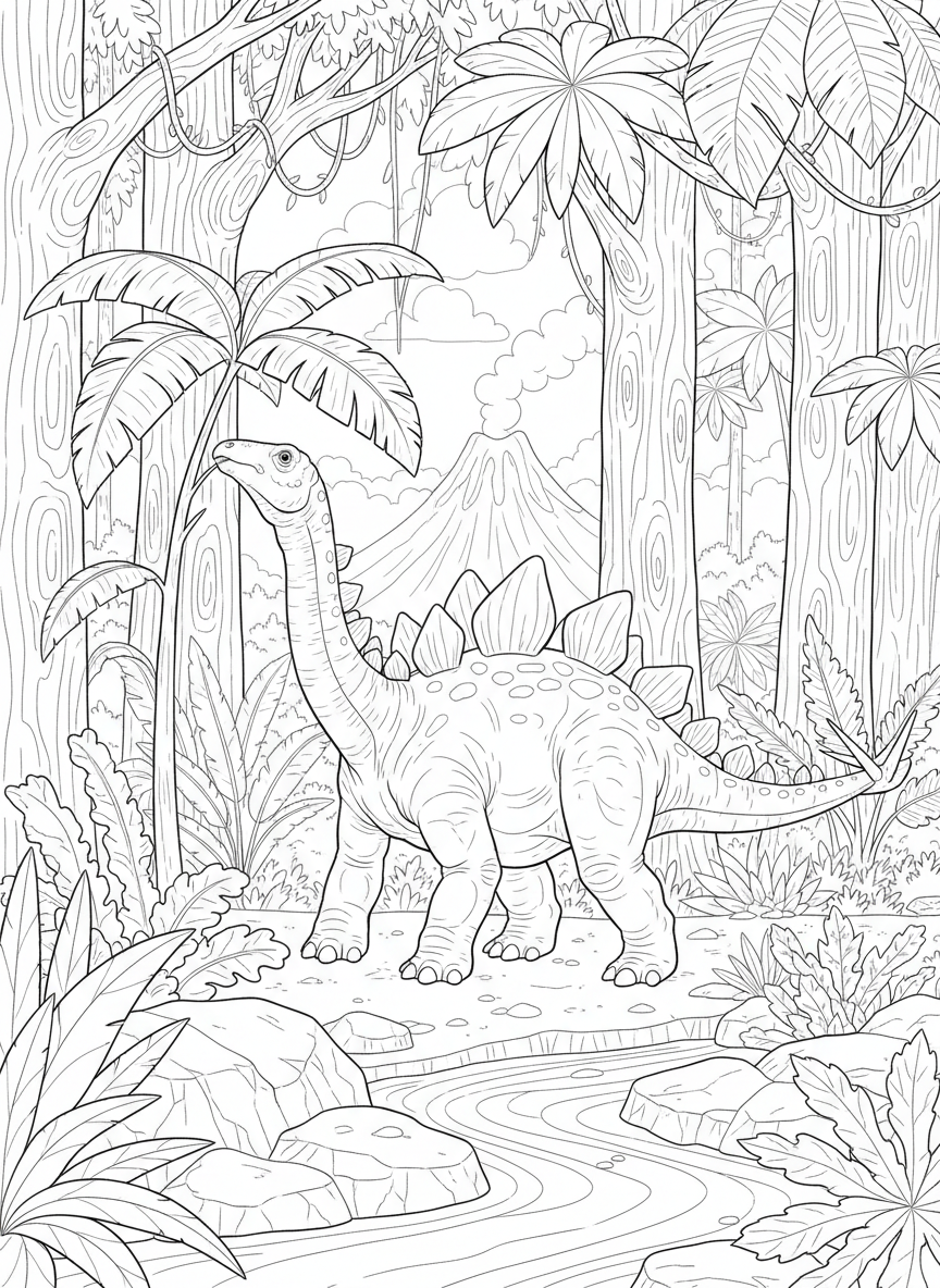 Stegosaurus frisst Blätter im Urwald