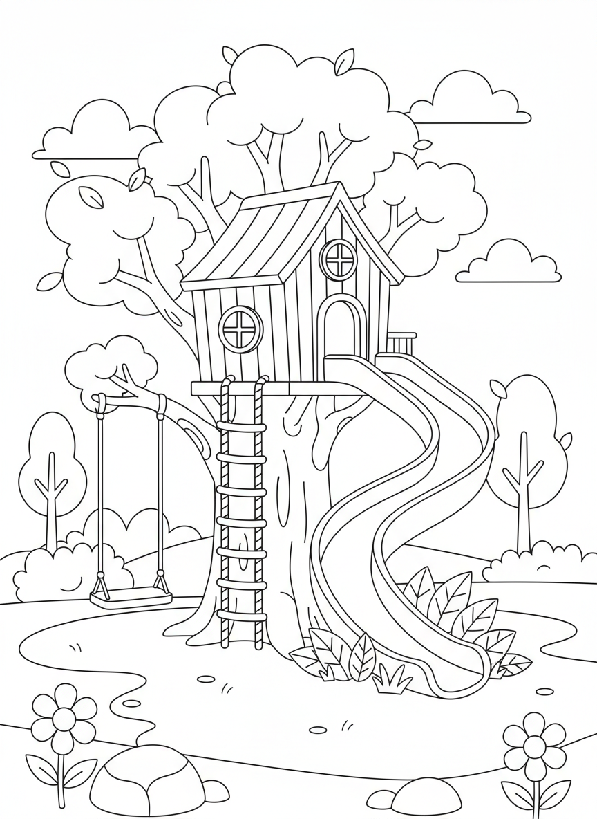 Baumhaus mit Seil und Rutsche